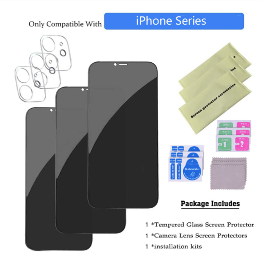 Privacy Tempered Glass Screen & Camera Lens Protector for iPhone 11–16