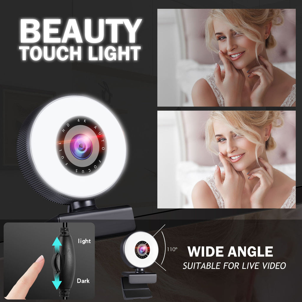 HD Autofocus Webcam with Adjustable Ring Light & Built-In Microphone