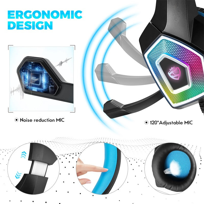 RGB Wired Gaming Headset with 7-Color Lighting, Surround Stereo & Noise-Reducing Microphone