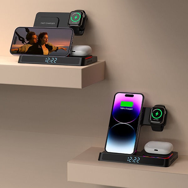 4-in-1 Foldable Wireless Charging Station with Digital Clock