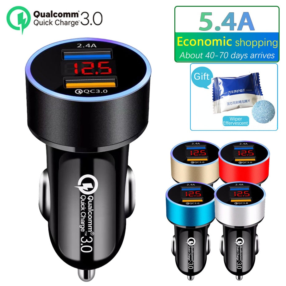 Dual USB QC3.0 Car Charger with Voltage Display