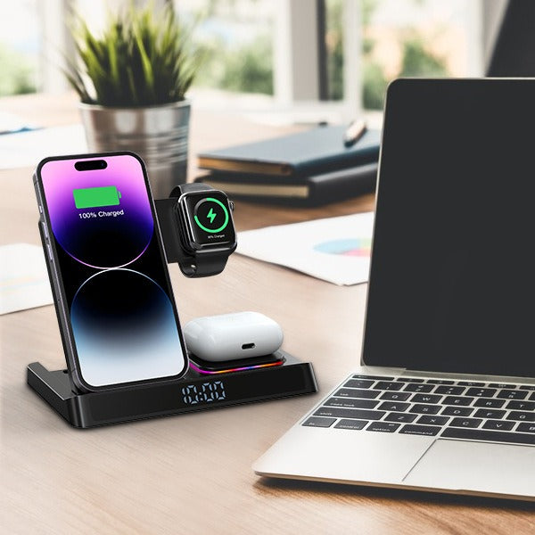 4-in-1 Foldable Wireless Charging Station with Digital Clock