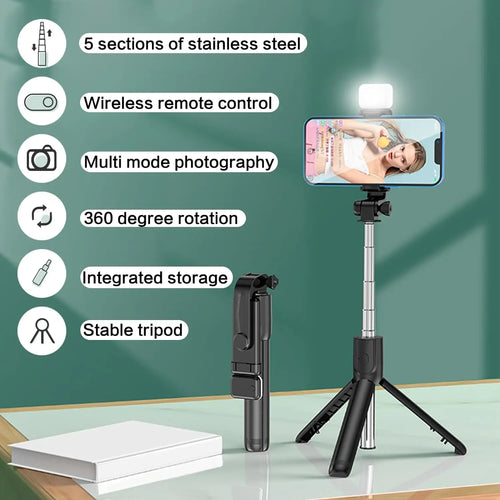 3-in-1 Extendable Selfie Stick Tripod with Wireless Remote & Fill Light