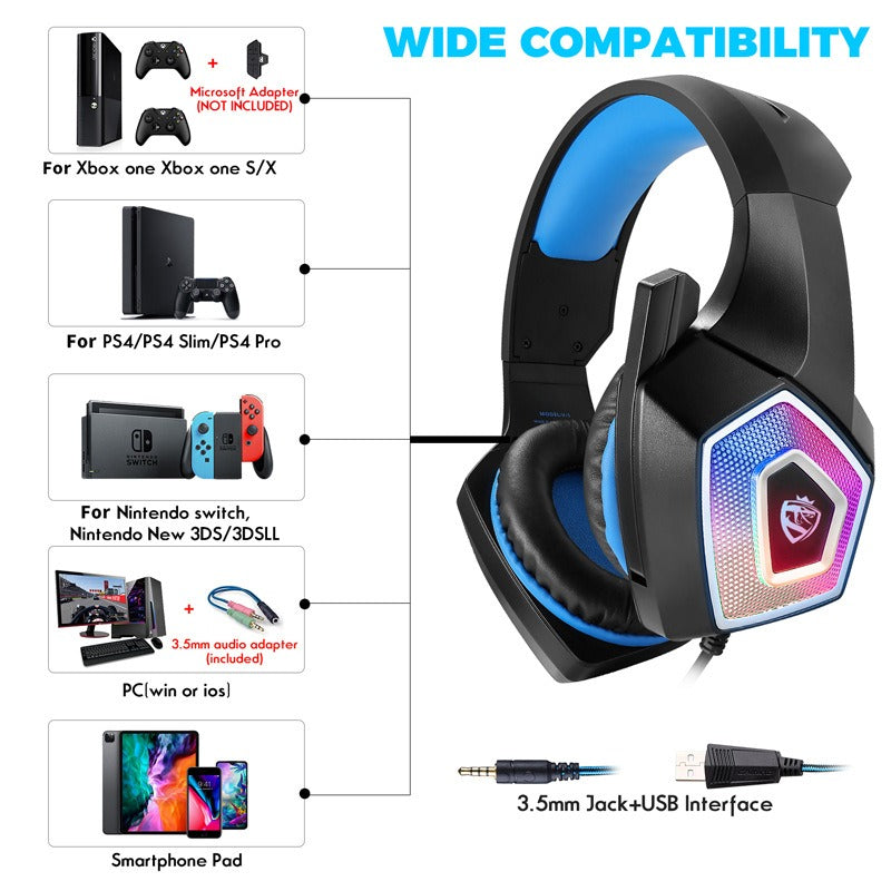 RGB Wired Gaming Headset with 7-Color Lighting, Surround Stereo & Noise-Reducing Microphone