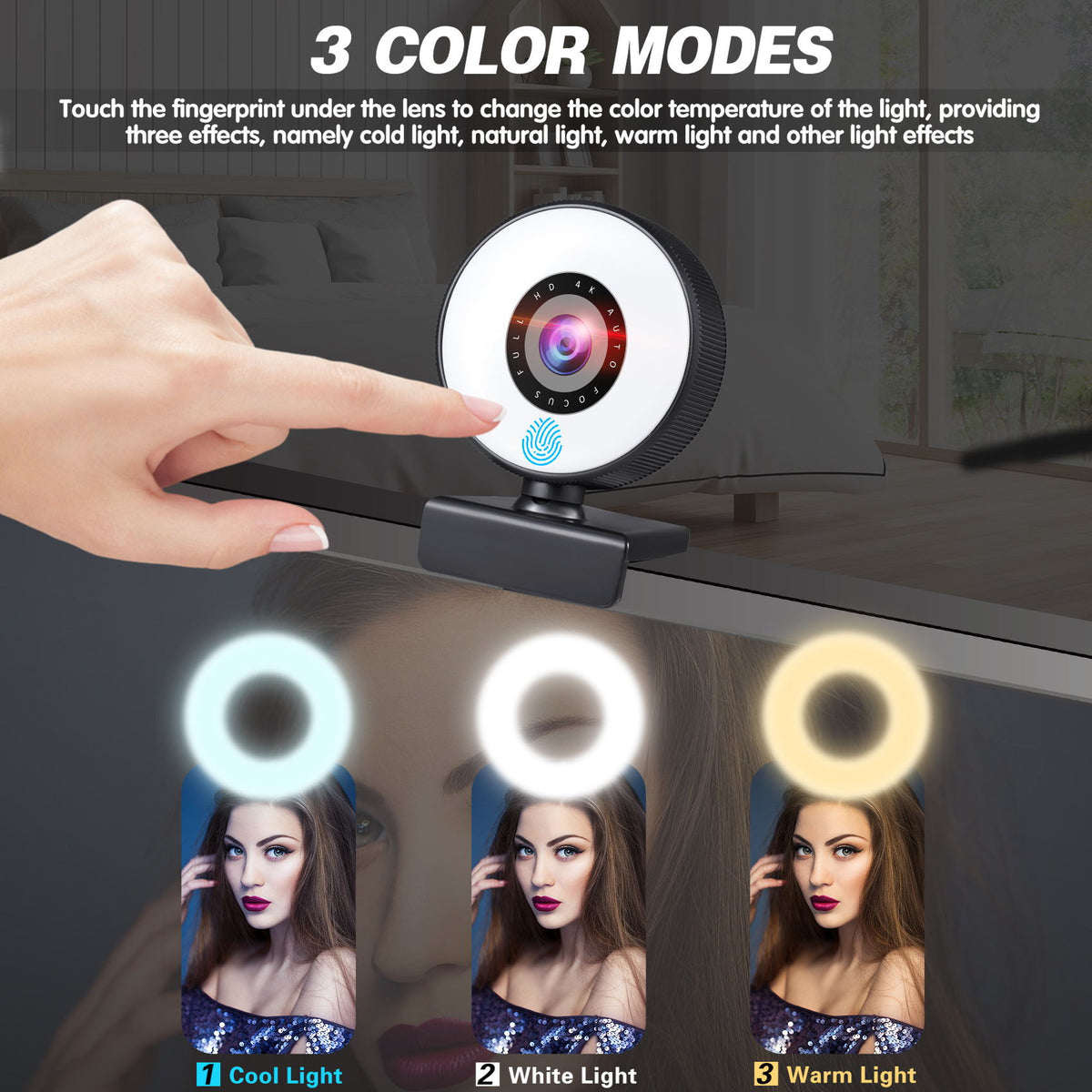 HD Autofocus Webcam with Adjustable Ring Light & Built-In Microphone