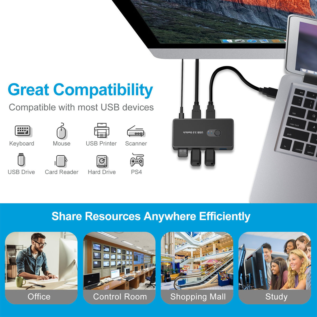4-Port USB 3.0 Sharing Switch for 2 Computers