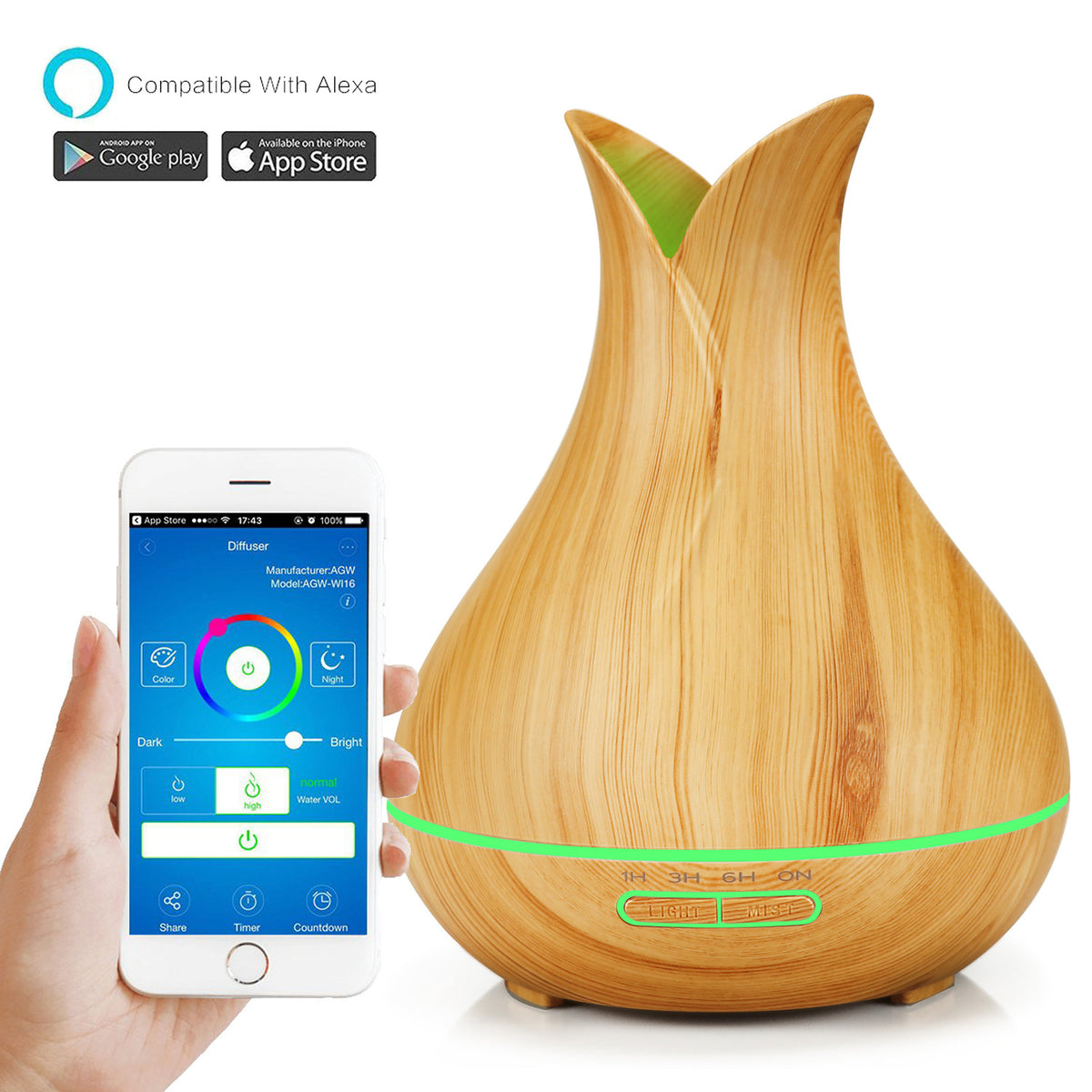 Smart WiFi 400ml Aroma Diffuser with Alexa Control & 7-Color LED Light