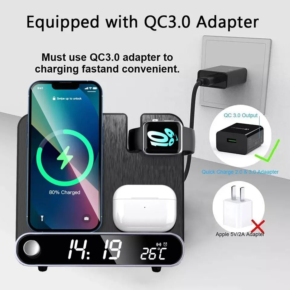 15W 3-in-1 Wireless Charging Station with Alarm Clock & Temperature Display