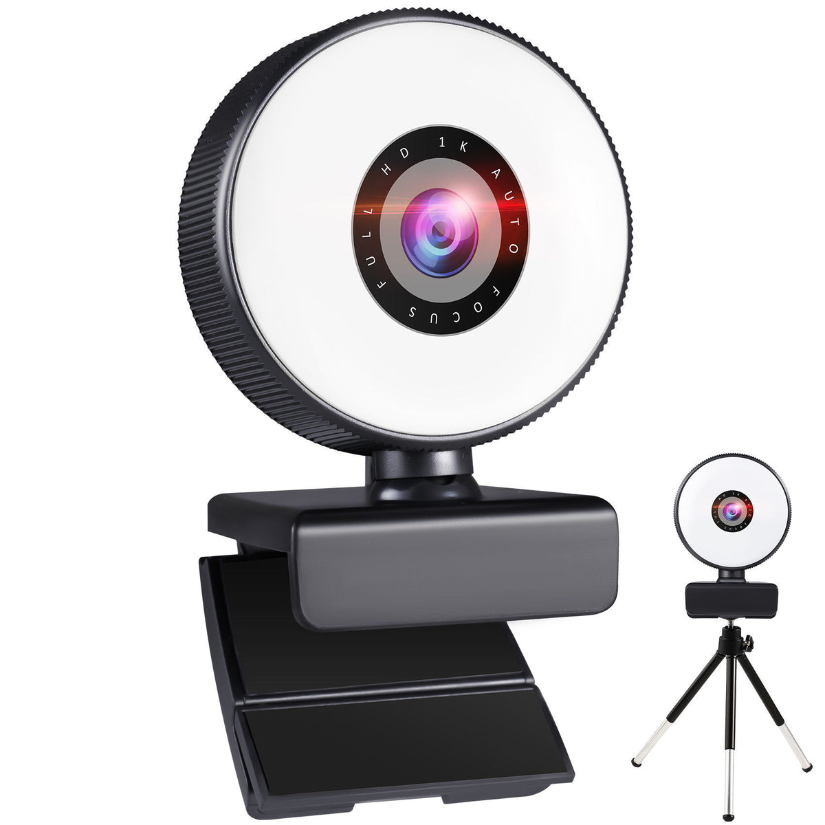 HD Autofocus Webcam with Adjustable Ring Light & Built-In Microphone