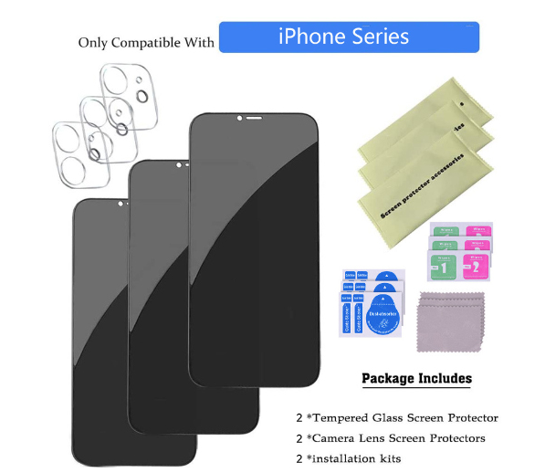 Privacy Tempered Glass Screen & Camera Lens Protector for iPhone 11–16