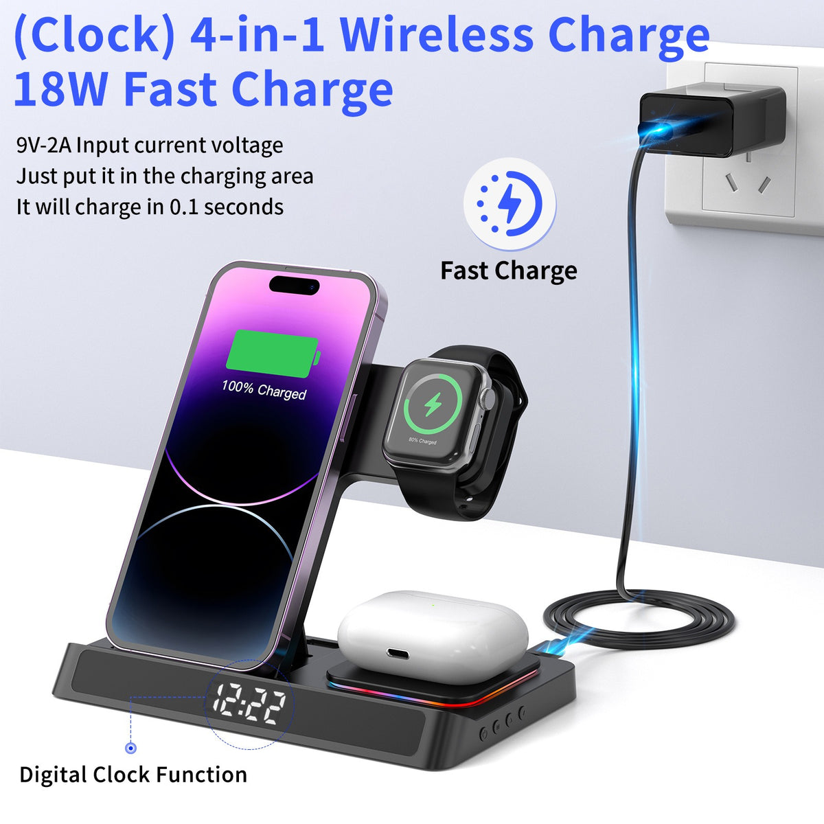 4-in-1 Foldable Wireless Charging Station with Digital Clock