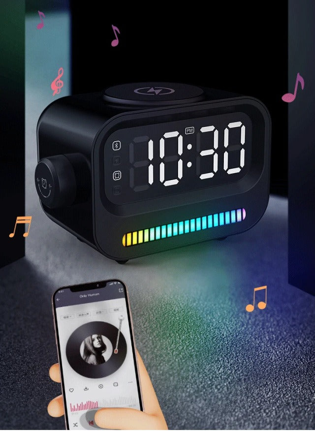 15W Wireless Charging Bluetooth Speaker Alarm Clock with RGB Light