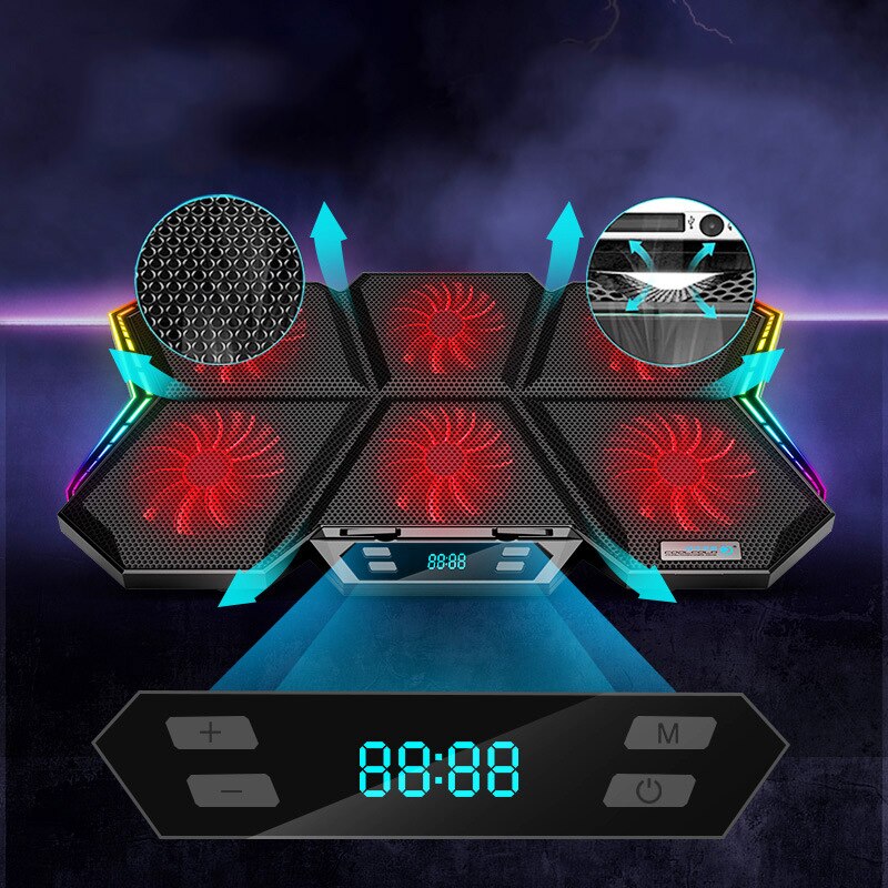 RGB Gaming Laptop Cooling Pad – 6 Fans, Adjustable Stand & LED Display