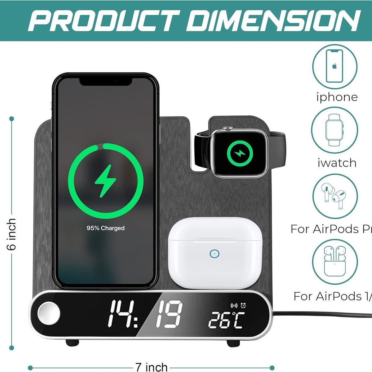 15W 3-in-1 Wireless Charging Station with Alarm Clock & Temperature Display