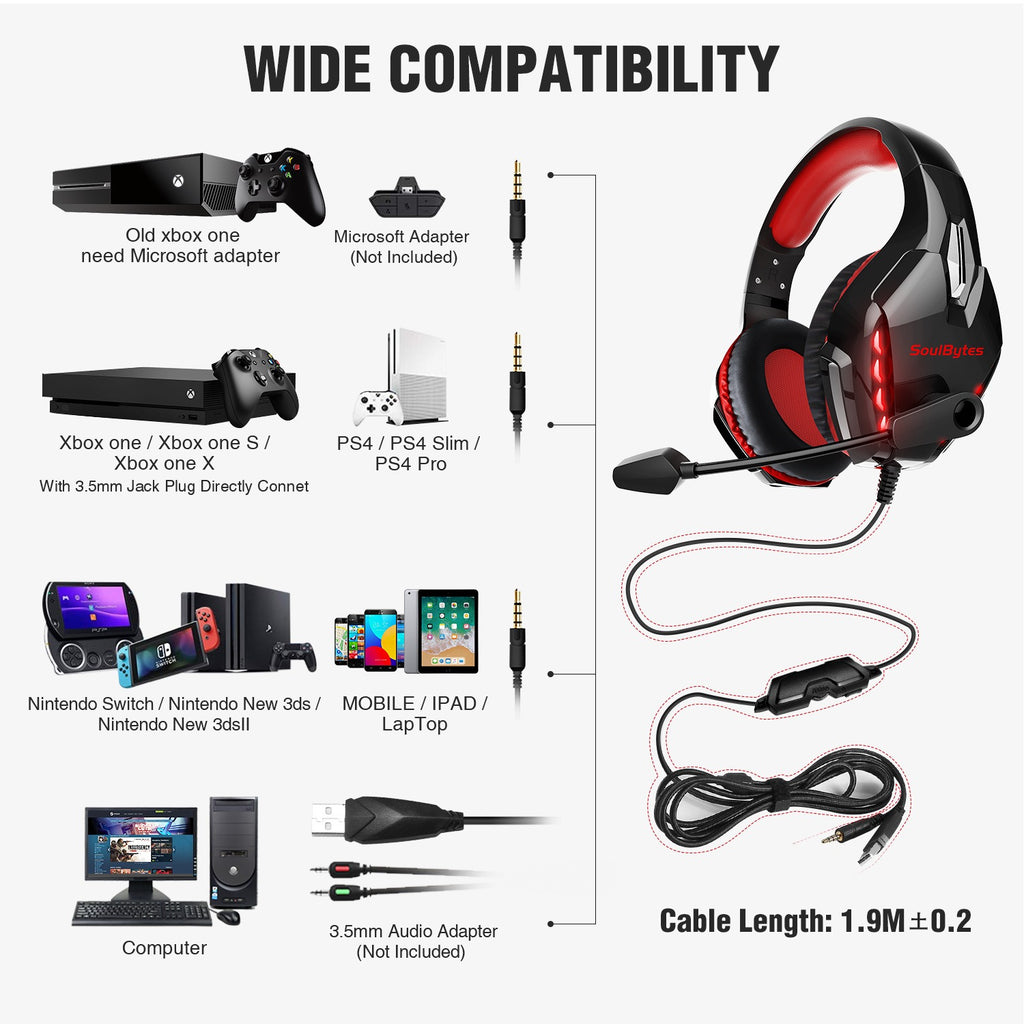 S11 50mm Wired Gaming Headset with Noise-Reducing Microphone & LED Lighting