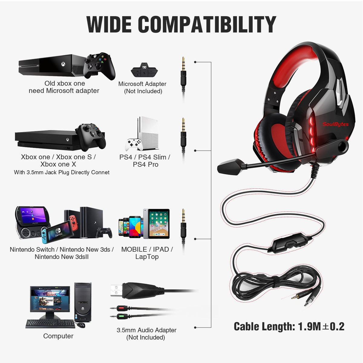 S11 50mm Wired Gaming Headset with Noise-Reducing Microphone & LED Lighting