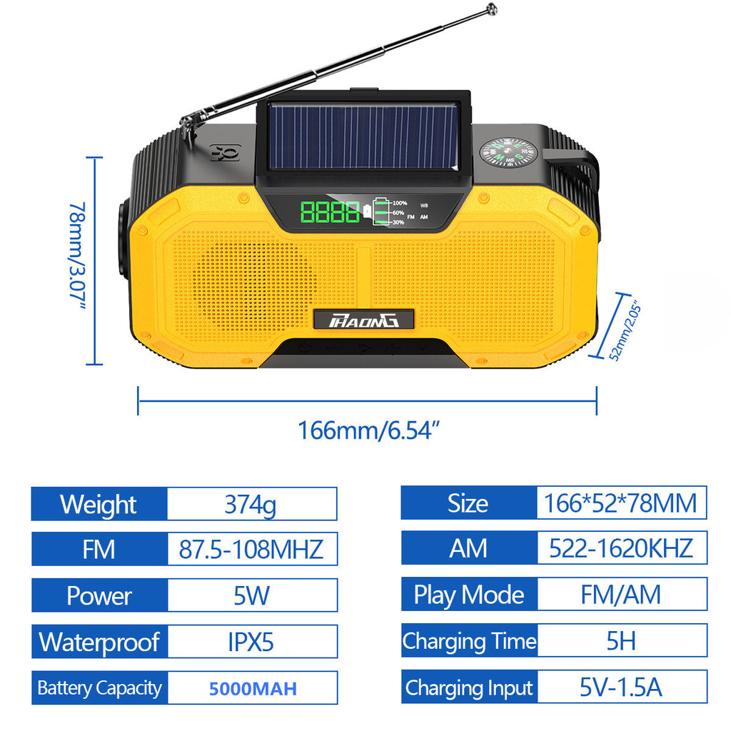 5000mAh Solar Emergency Radio with Bluetooth Speaker, Flashlight & Hand Crank