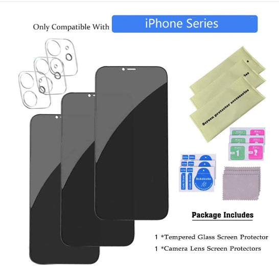 Privacy Tempered Glass Screen & Camera Lens Protector for iPhone 11–16