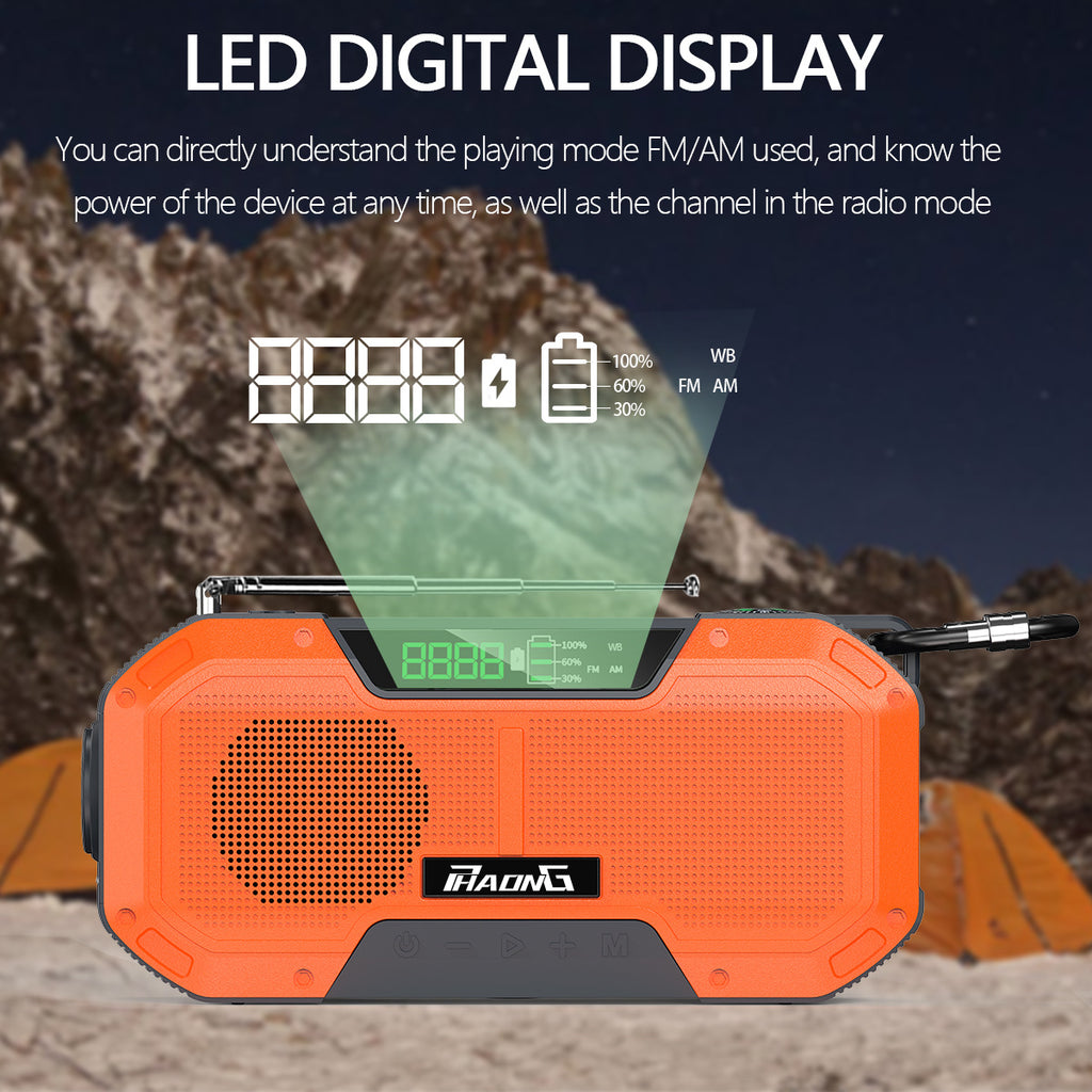 5000mAh Solar Emergency Radio with Bluetooth Speaker, Flashlight & Hand Crank
