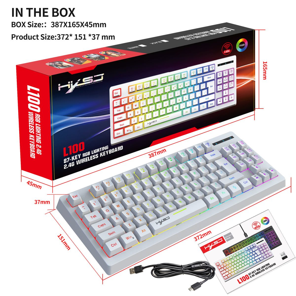 L100 87-Key RGB Wireless Gaming Keyboard – 2.4GHz Rechargeable