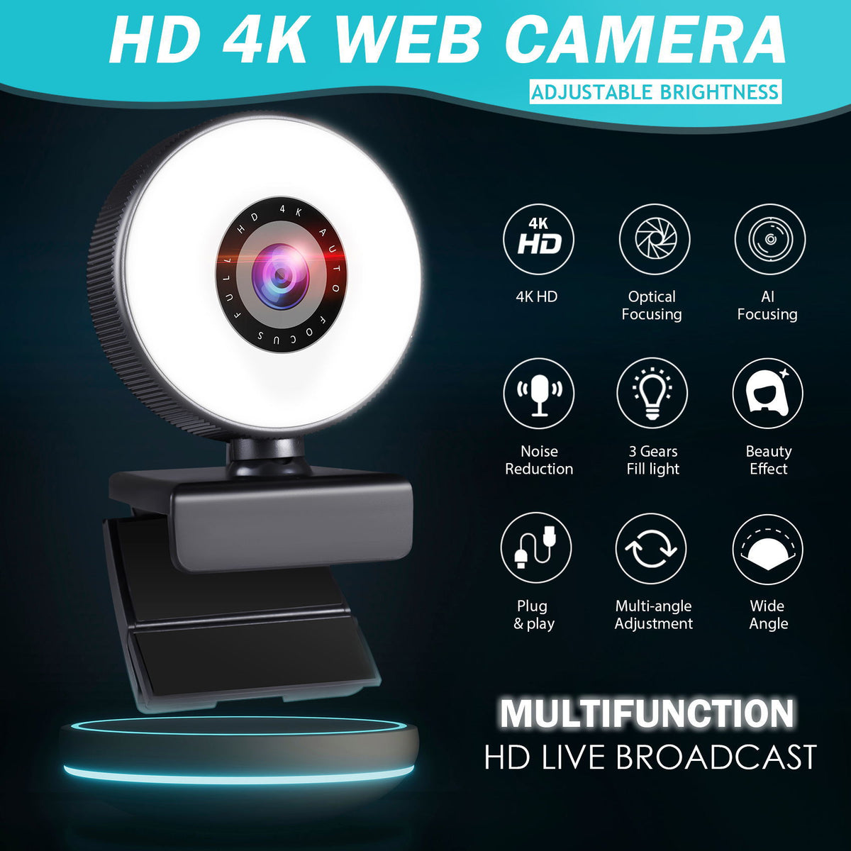 HD Autofocus Webcam with Adjustable Ring Light & Built-In Microphone