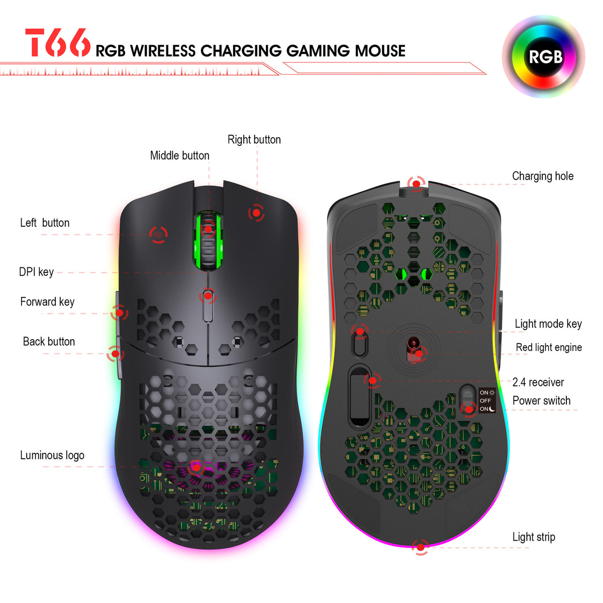 T66 Lightweight RGB Wireless Rechargeable Gaming Mouse