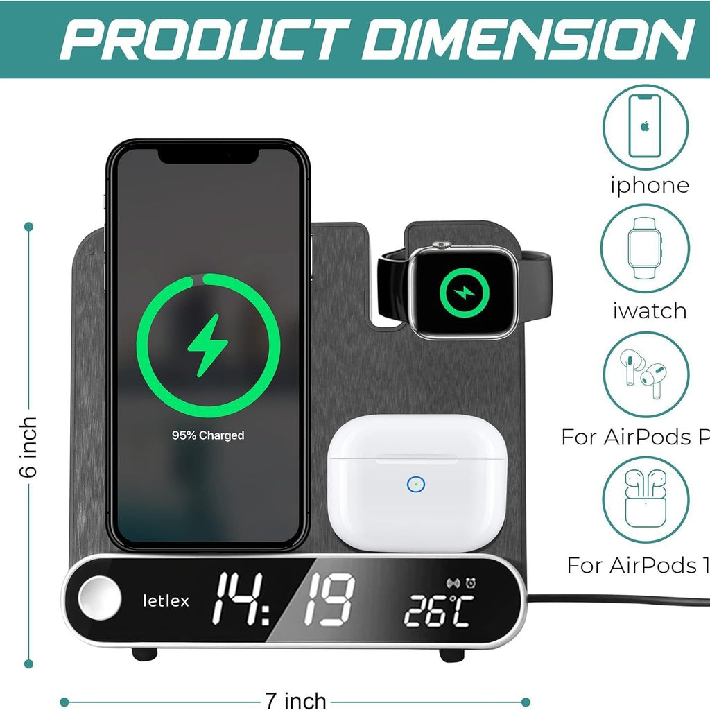 15W 3-in-1 Wireless Charging Station with Alarm Clock & Temperature Display