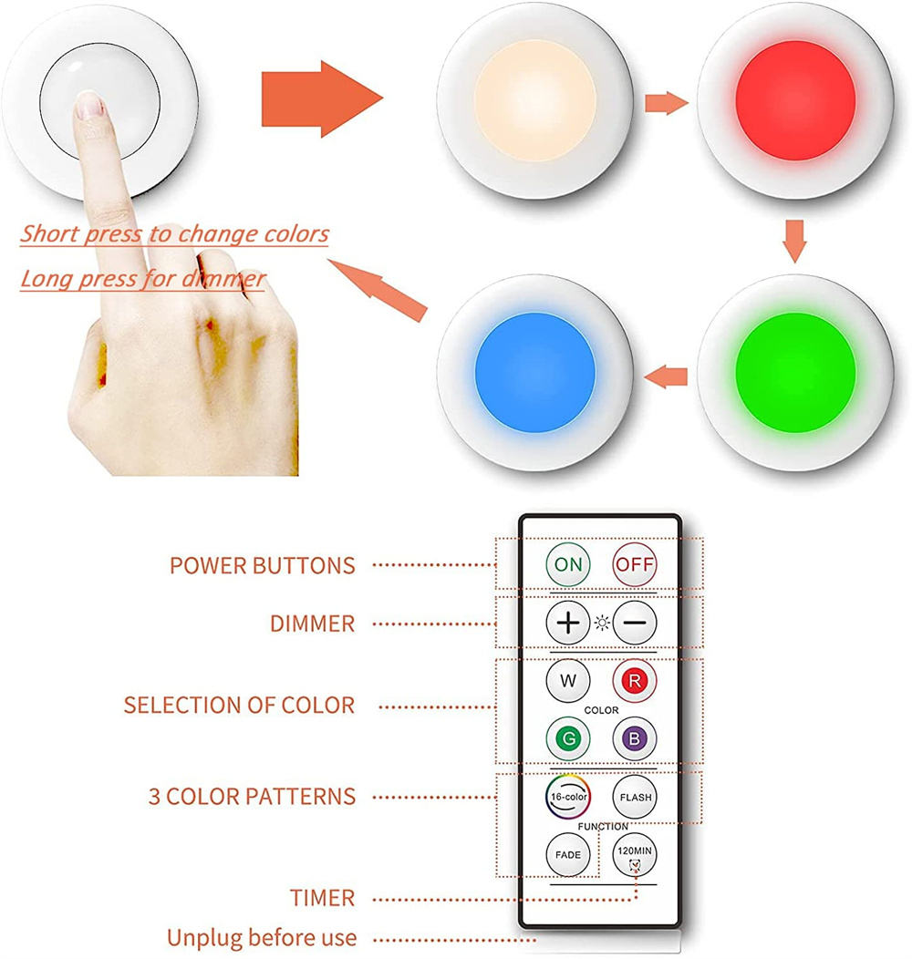 16-Color RGB Touch Puck Lights with Remote Control
