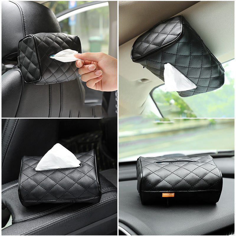 Quilted Leather Car Tissue Box Holder – Headrest & Interior Organizer