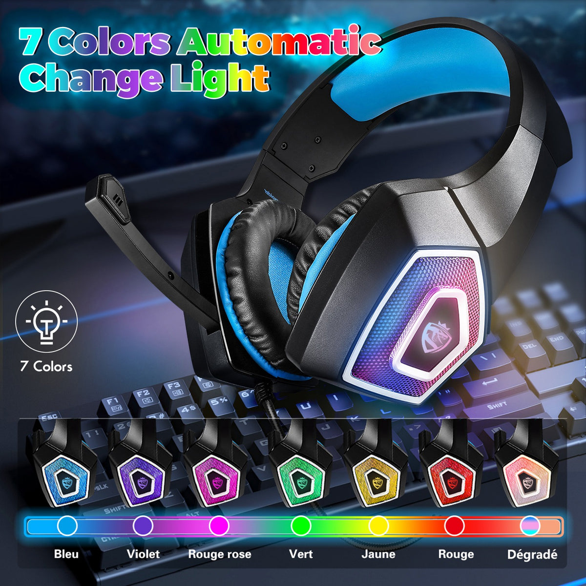 RGB Wired Gaming Headset with 7-Color Lighting, Surround Stereo & Noise-Reducing Microphone
