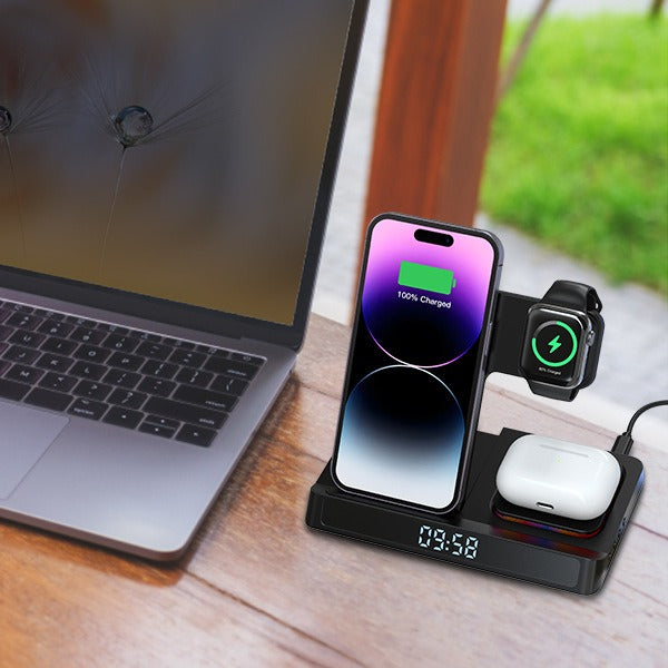 4-in-1 Foldable Wireless Charging Station with Digital Clock