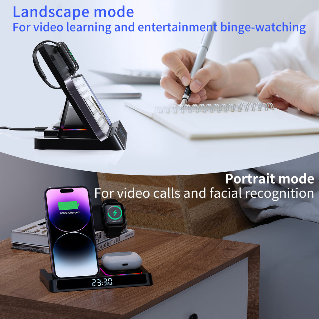4-in-1 Foldable Wireless Charging Station with Digital Clock